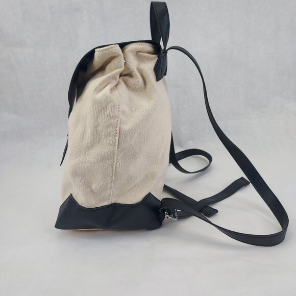 Deux Lux Demi Backpack Beige Canvas Bag Black Vegan Leather Straps Lined - Picture 5 of 16